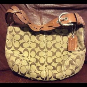 Tan monogrammed Coach shoulder bag